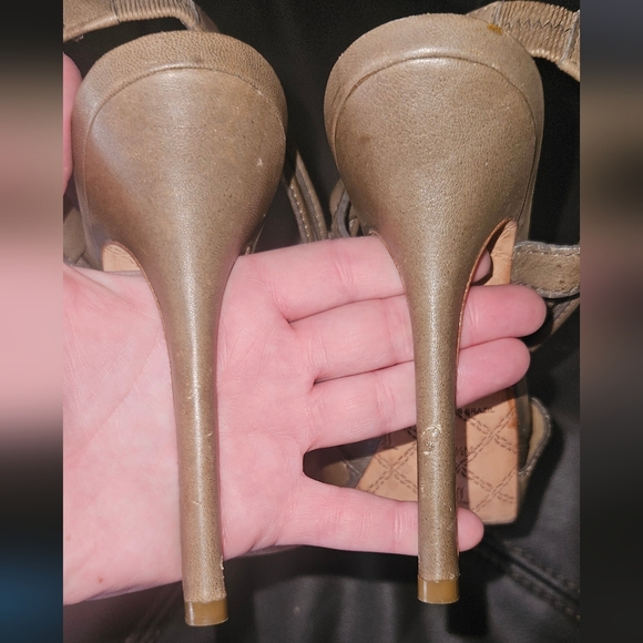 L.A.M.B. Dark Taupe Leather Ultra High Stiletto Heels w. Rosette LAMB size 7.5 - Picture 8 of 16